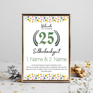 25. Hochzeitstag personalisiertes Geschenk Urkunde zur Silberhochzeit Deko