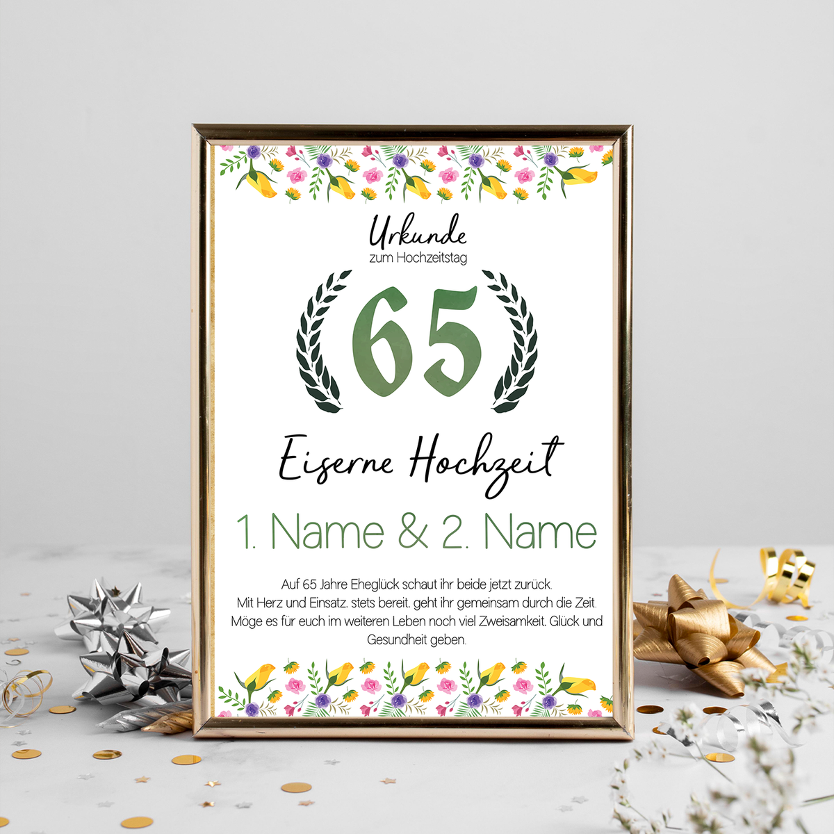 Eiserne Hochzeit Urkunde mit Namen – Geschenk zum 65. Hochzeitstag, personalisiert