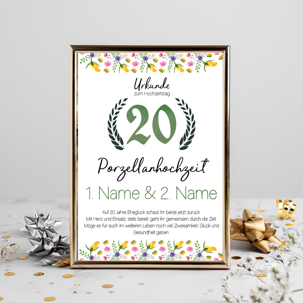 Porzellanhochzeit Urkunde mit Namen – Geschenk zum 20. Hochzeitstag, personalisiert