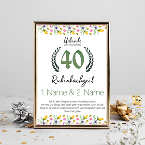 40. Hochzeitstag personalisiertes Geschenk Urkunde zur Rubinhochzeit Deko