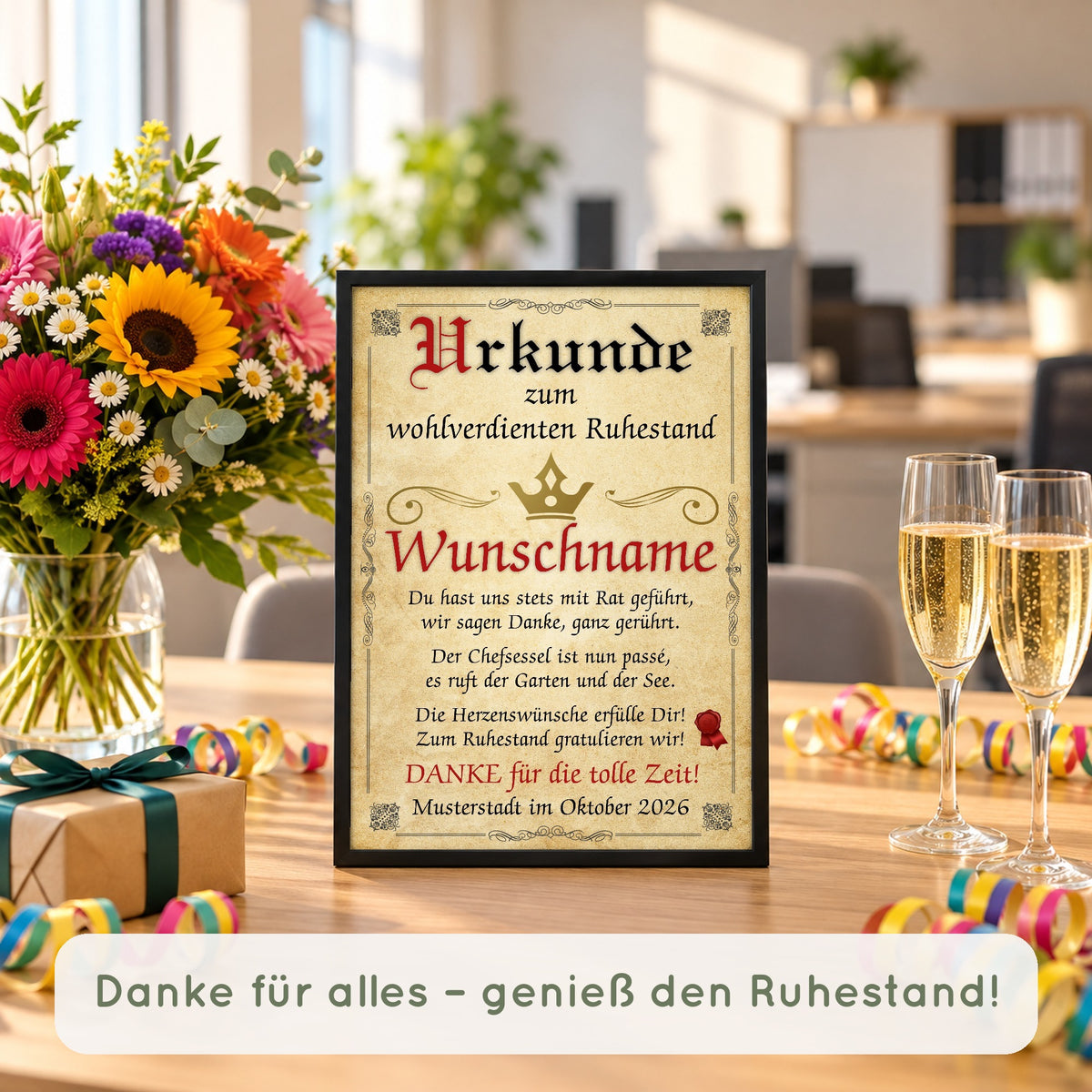 Ruhestand Urkunde Chef bei der Abschiedsfeier im Büro mit Blumen und Sekt – „Danke für alles – genieß den Ruhestand!“