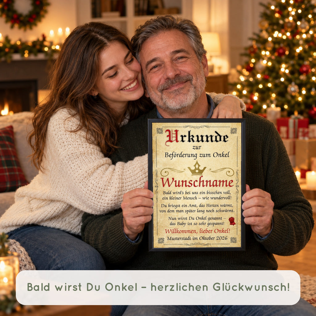 Urkunde Beförderung zum Onkel bei der Bescherung in der Familie – „Bald wirst Du Onkel – herzlichen Glückwunsch!“
