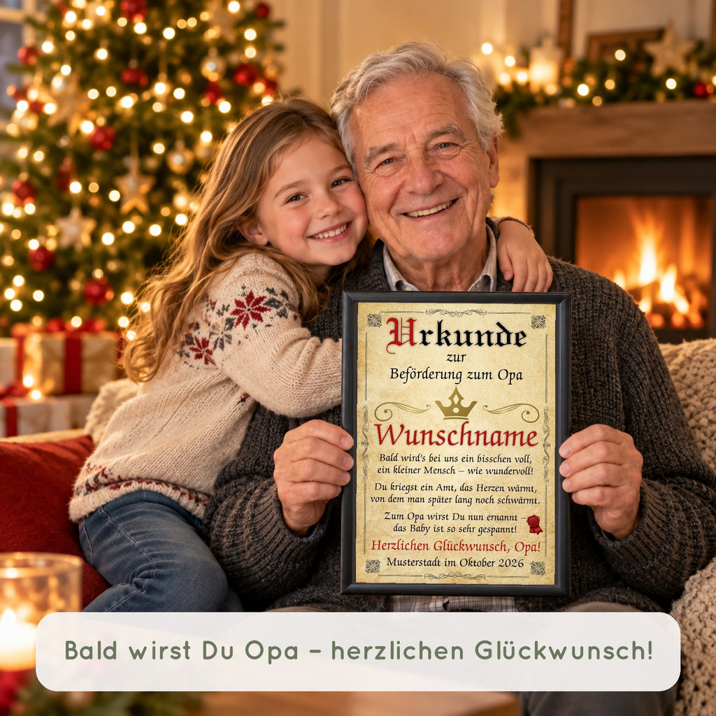 Urkunde Beförderung zum Opa bei der Bescherung mit Opa und Enkeln – „Bald wirst Du Opa – herzlichen Glückwunsch!“