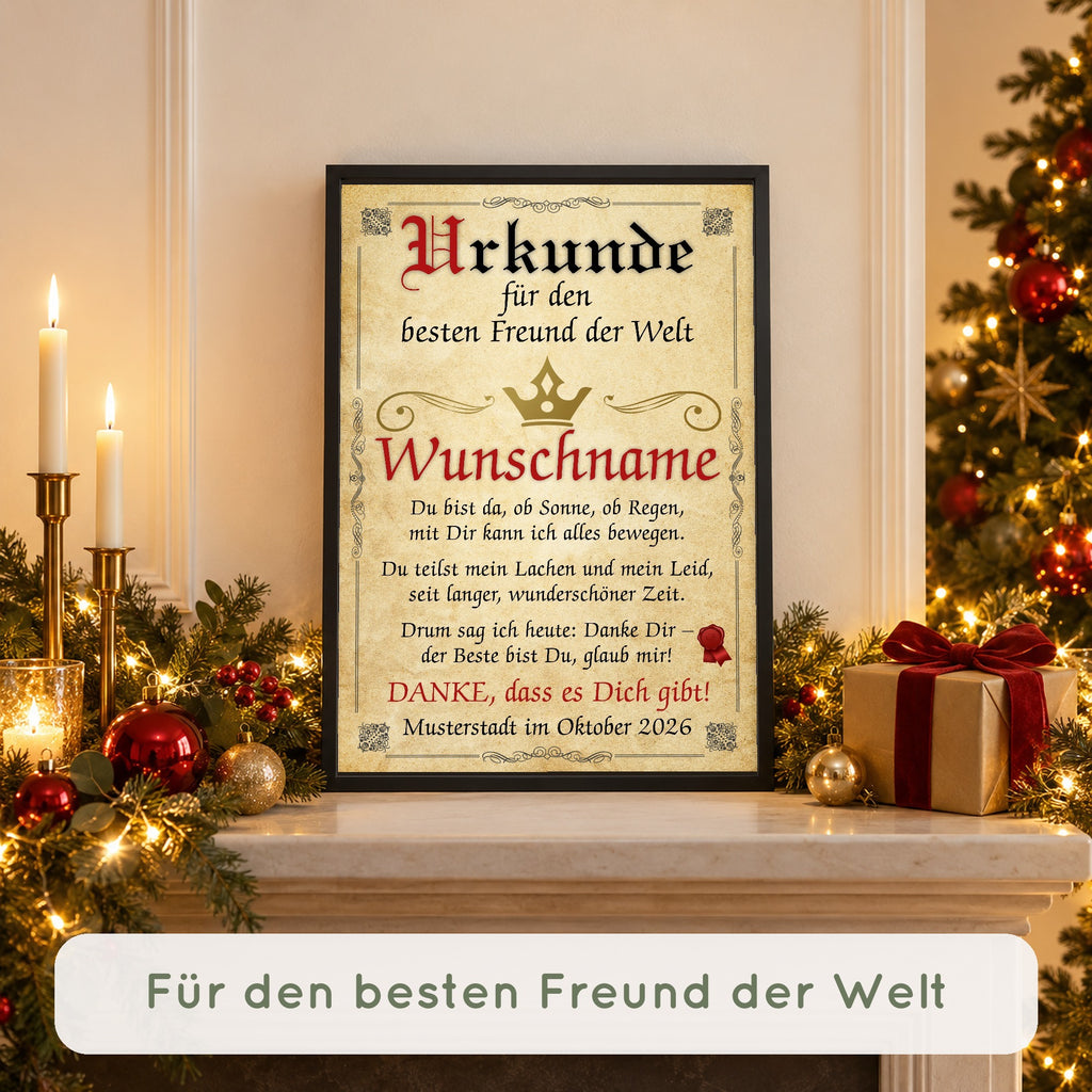 Urkunde bester Freund im schwarzen Rahmen auf dem weihnachtlich geschmückten Kaminsims – „Für den besten Freund der Welt“