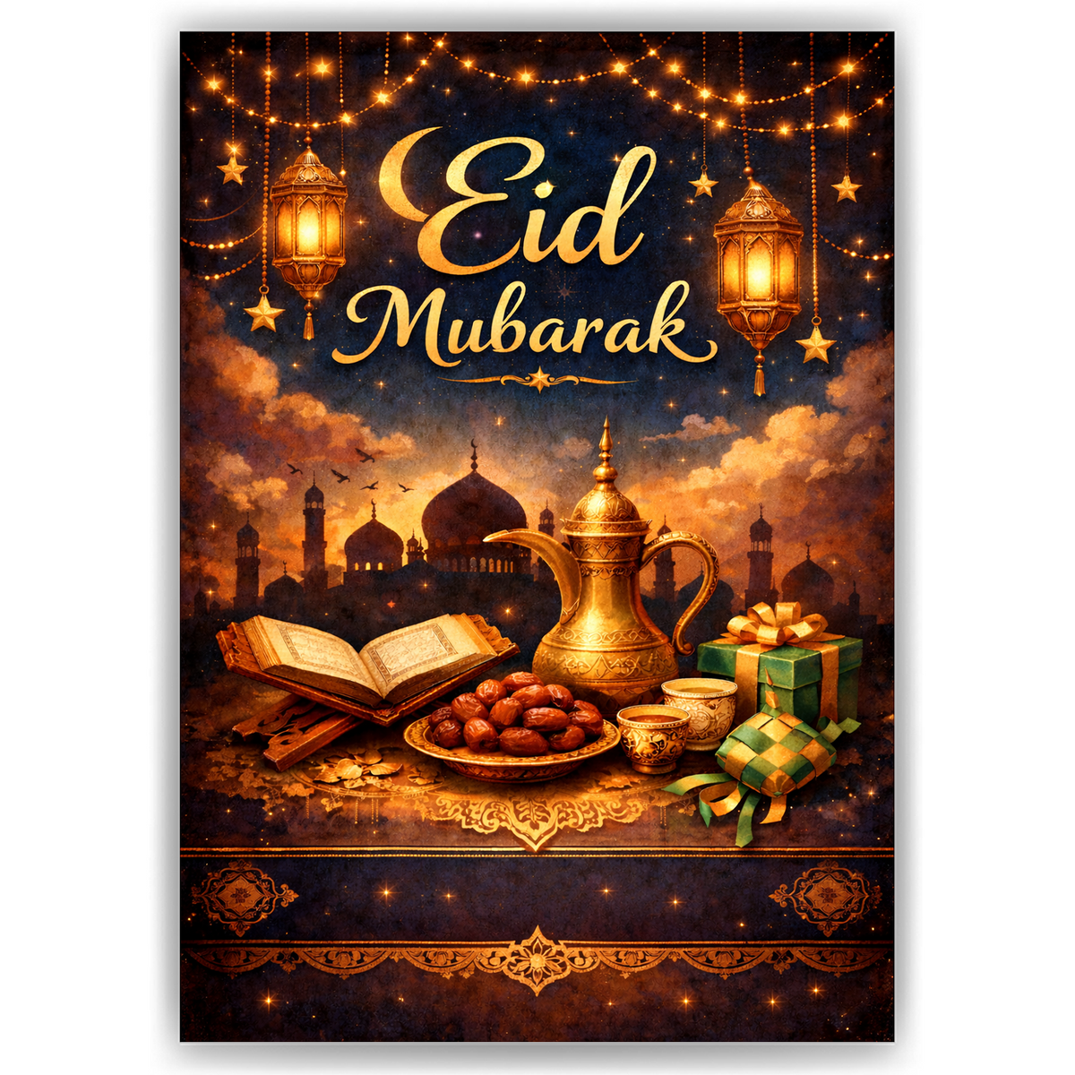 Eid Mubarak Poster – Festliches Wandbild mit Laternen, Mond & Moschee – Elegante Dekoration zum Zuckerfest