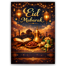 Laden Sie das Bild in den Galerie-Viewer, Eid Mubarak Poster – Festliches Wandbild mit Laternen, Mond &amp; Moschee – Elegante Dekoration zum Zuckerfest
