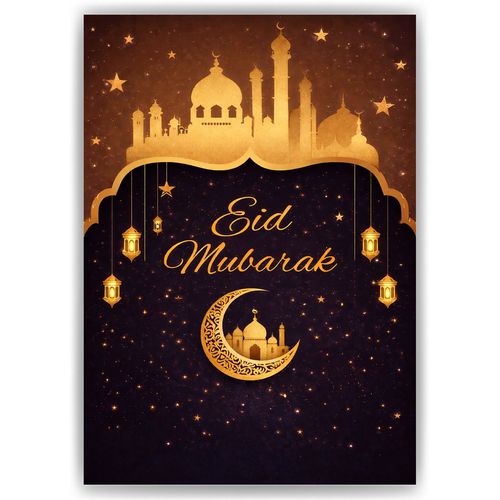 Eid Mubarak Poster – Edles Wandbild in Goldoptik mit Moschee, Mond & Laternen – Festliche Dekoration zum Zuckerfest