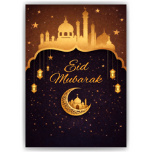 Laden Sie das Bild in den Galerie-Viewer, Eid Mubarak Poster – Edles Wandbild in Goldoptik mit Moschee, Mond &amp; Laternen – Festliche Dekoration zum Zuckerfest

