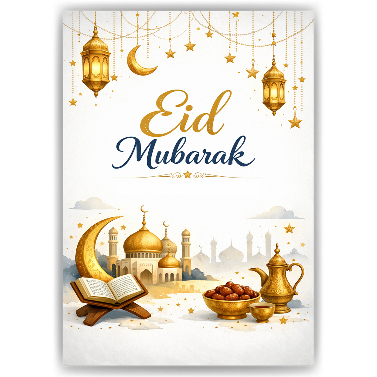 Eid Mubarak Poster – Elegantes Wandbild mit Moschee, Mond & Laternen – Stilvolle Dekoration zum Zuckerfest
