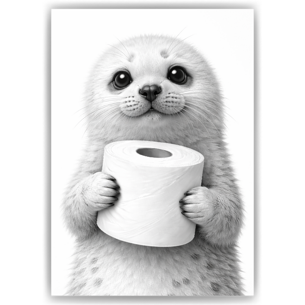 Lustiges Badezimmer Poster Robbe mit Klopapier Humorvolle Wanddeko für Toilette, Gäste-WC, Badezimmer Deko WC Humor Tiere witzige Robbe