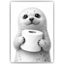 Laden Sie das Bild in den Galerie-Viewer, Lustiges Badezimmer Poster Robbe mit Klopapier Humorvolle Wanddeko für Toilette, Gäste-WC, Badezimmer Deko WC Humor Tiere witzige Robbe
