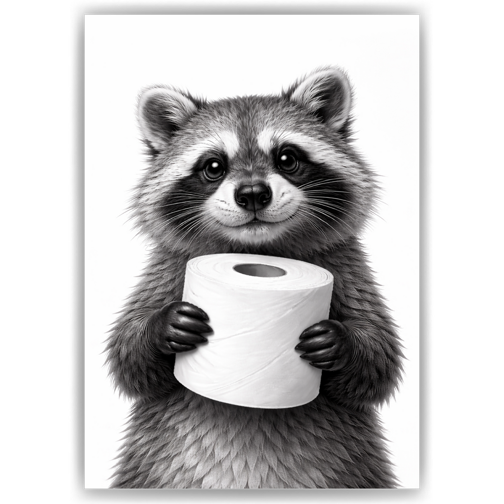 Lustiges Badezimmer Poster Waschbär mit Klopapier Humorvolle Wanddeko für Toilette, Gäste-WC, Badezimmer Deko WC Humor Tiere witziger Waschbär