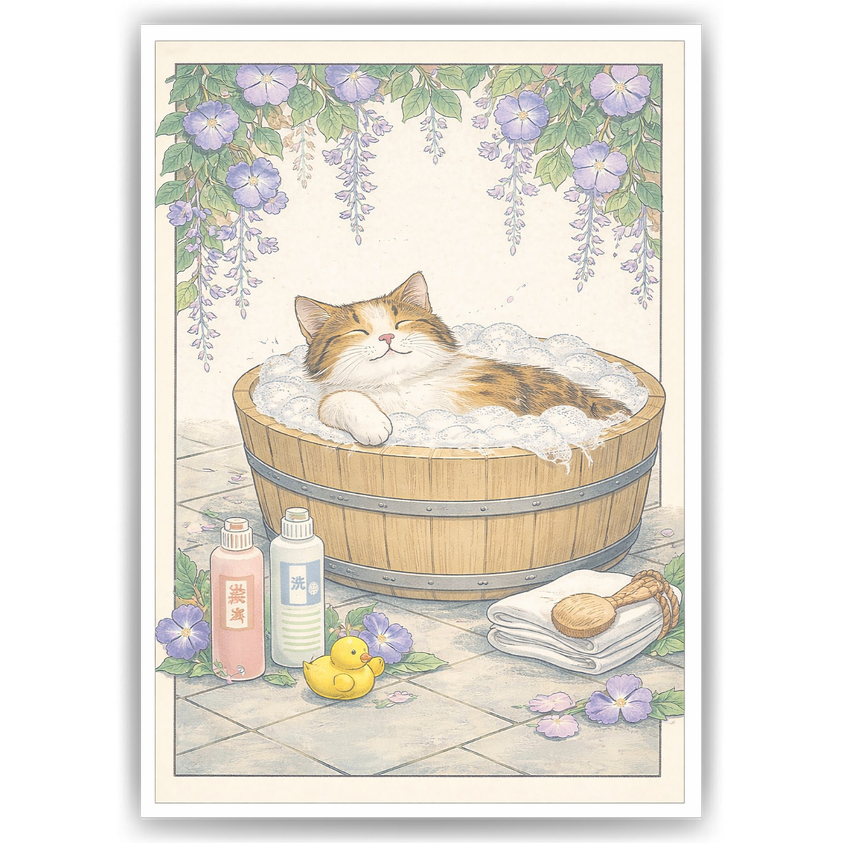 Japanisches Katzen Poster – Zen Spa Japandi Wandbild für Bad & Wohnzimmer