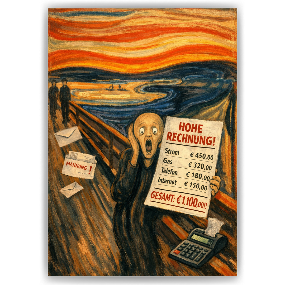 Der Schrei Parodie Poster – Lustige Wanddeko mit Rechnung & Geld Stress, Humorvolles Kunst Poster über hohe Kosten, Geschenk Idee für Büro & Wohnzimmer