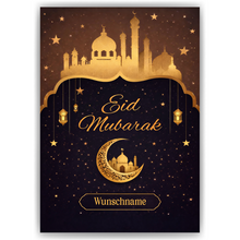 Laden Sie das Bild in den Galerie-Viewer, Personalisiertes Eid Mubarak Poster – Edles Wandbild in Goldoptik mit Moschee, Mond &amp; Laternen – Festliche Dekoration zum Zuckerfest
