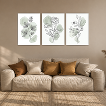 Laden Sie das Bild in den Galerie-Viewer, Botanische Poster 3er Set Salbeigrün Blumen Line Art Wandbilder
