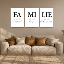 Laden Sie das Bild in den Galerie-Viewer, Familie Poster 3er Set Spruch Wandbilder Schwarz Weiß Wohnzimmer
