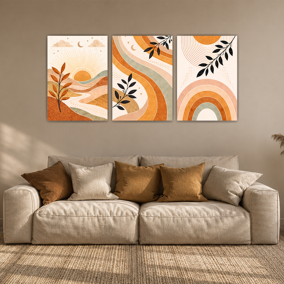 Boho Sonnenuntergang Poster 3er Set Beige Orange Modern Wandbilder