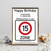 Laden Sie das Bild in den Galerie-Viewer, 15. Geburtstag Geschenk personalisiert Verkehrszeichen Deko Geburtstagsgeschenk Happy Birthday Geburtstagskarte
