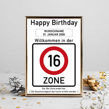 Laden Sie das Bild in den Galerie-Viewer, 16. Geburtstag Geschenk personalisiert Verkehrszeichen Deko Geburtstagsgeschenk Happy Birthday Geburtstagskarte
