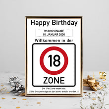 Laden Sie das Bild in den Galerie-Viewer, 18. Geburtstag Geschenk personalisiert Verkehrszeichen Deko Geburtstagsgeschenk Happy Birthday Geburtstagskarte
