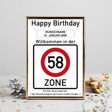 Laden Sie das Bild in den Galerie-Viewer, 58. Geburtstag Geschenk personalisiert Verkehrszeichen Deko Geburtstagsgeschenk Happy Birthday Geburtstagskarte
