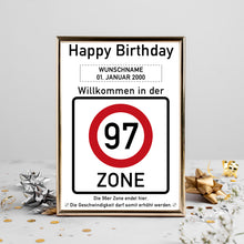 Laden Sie das Bild in den Galerie-Viewer, 97. Geburtstag Geschenk personalisiert Verkehrszeichen Deko Geburtstagsgeschenk Happy Birthday Geburtstagskarte
