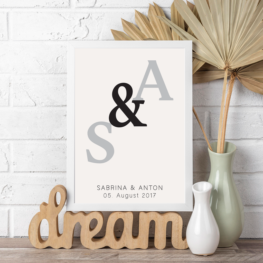Initialen Partner Poster Personalisiert mit Datum & Namen Jahrestag Geschenk zur Hochzeit Poster für Paare Verlobte