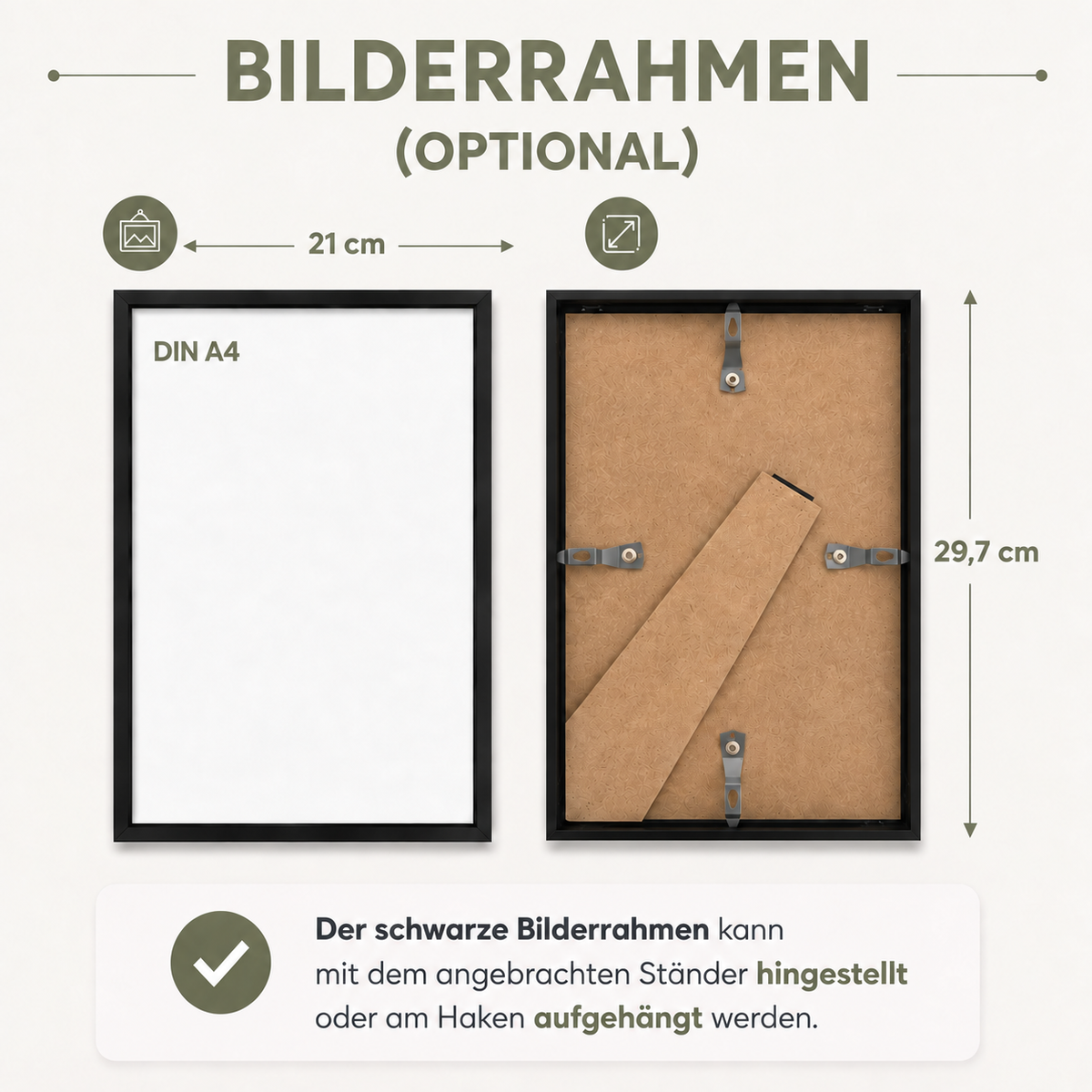 Optionaler schwarzer DIN-A4-Bilderrahmen zum Stellen oder Aufhängen