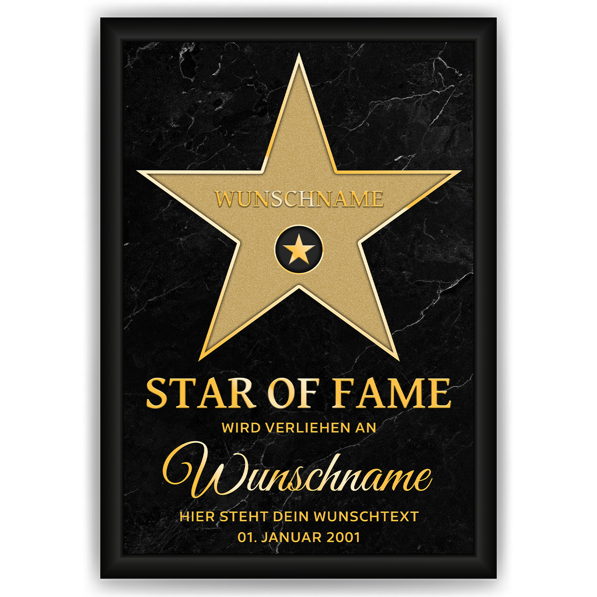 Personalisiertes Star of Fame Poster Gold Design – Hollywood Stern mit Name – Wunschtext & Datum – Edles Geschenk Geburtstag, Jubiläum, Auszeichnung