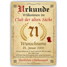 Laden Sie das Bild in den Galerie-Viewer, 71. Geburtstag Urkunde personalisiert ALTER SACK Geschenk Mann Club der alten Säcke Geburtstagskarte Deko Bild
