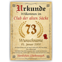 Laden Sie das Bild in den Galerie-Viewer, 73. Geburtstag Urkunde personalisiert ALTER SACK Geschenk Mann Club der alten Säcke Geburtstagskarte Deko Bild
