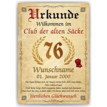 Laden Sie das Bild in den Galerie-Viewer, 76. Geburtstag Urkunde personalisiert ALTER SACK Geschenk Mann Club der alten Säcke Geburtstagskarte Deko Bild
