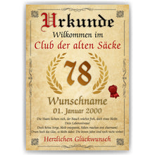 Laden Sie das Bild in den Galerie-Viewer, 78. Geburtstag Urkunde personalisiert ALTER SACK Geschenk Mann Club der alten Säcke Geburtstagskarte Deko Bild
