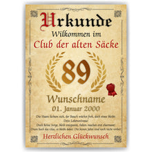 Laden Sie das Bild in den Galerie-Viewer, 89. Geburtstag Urkunde personalisiert ALTER SACK Geschenk Mann Club der alten Säcke Geburtstagskarte Deko Bild

