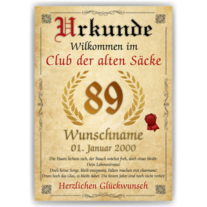 89. Geburtstag Urkunde personalisiert ALTER SACK Geschenk Mann Club der alten Säcke Geburtstagskarte Deko Bild