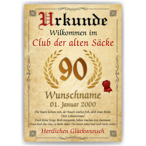 90. Geburtstag Urkunde personalisiert ALTER SACK Geschenk Mann Club der alten Säcke Geburtstagskarte Deko Bild