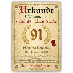 91. Geburtstag Urkunde personalisiert ALTER SACK Geschenk Mann Club der alten Säcke Geburtstagskarte Deko Bild