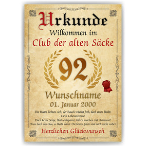 92. Geburtstag Urkunde personalisiert ALTER SACK Geschenk Mann Club der alten Säcke Geburtstagskarte Deko Bild