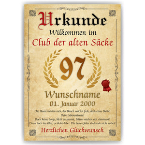 97. Geburtstag Urkunde personalisiert ALTER SACK Geschenk Mann Club der alten Säcke Geburtstagskarte Deko Bild