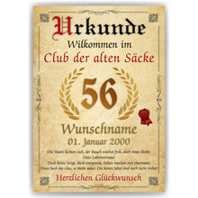 Laden Sie das Bild in den Galerie-Viewer, 56. Geburtstag Urkunde personalisiert ALTER SACK Geschenk Mann Club der alten Säcke Geburtstagskarte Deko Bild
