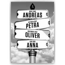 Laden Sie das Bild in den Galerie-Viewer, Personalisiertes Familienposter Straßenschild – Wegweiser Design mit Namen &amp; Geburtsdaten – Wandbild personalisiert – Geschenk für Familie, Eltern, Mama &amp; Papa
