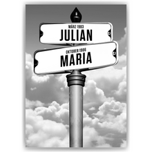 Laden Sie das Bild in den Galerie-Viewer, Personalisiertes Familienposter Straßenschild – Wegweiser Design mit Namen &amp; Geburtsdaten – Wandbild personalisiert – Geschenk für Familie, Eltern, Mama &amp; Papa
