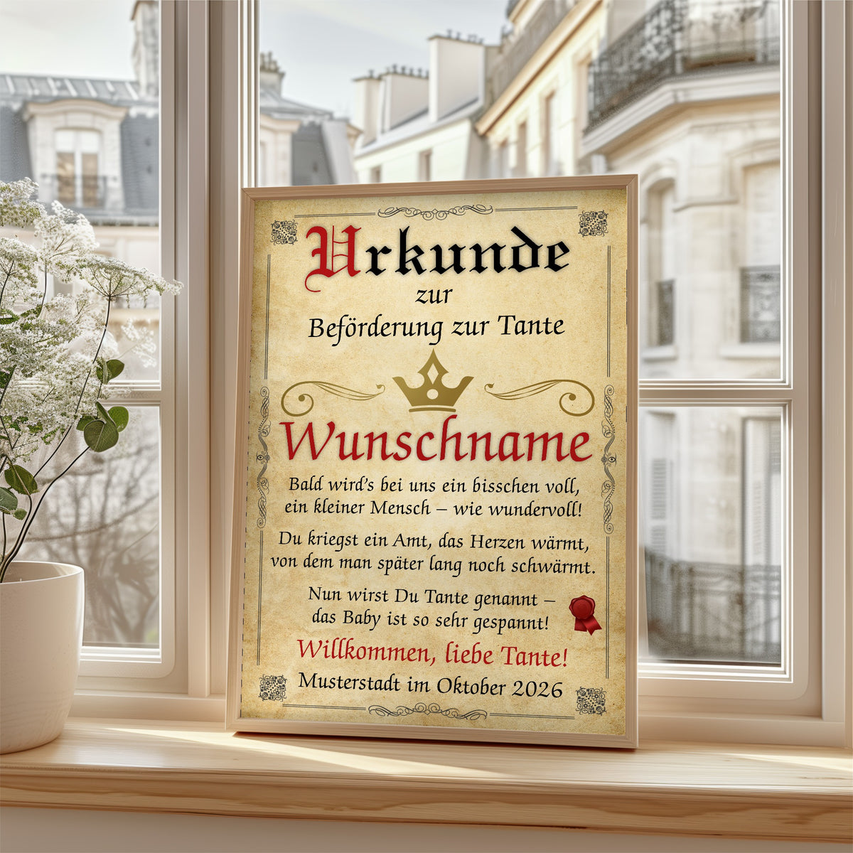 Urkunde Beförderung zur Tante im Holzrahmen auf der Fensterbank