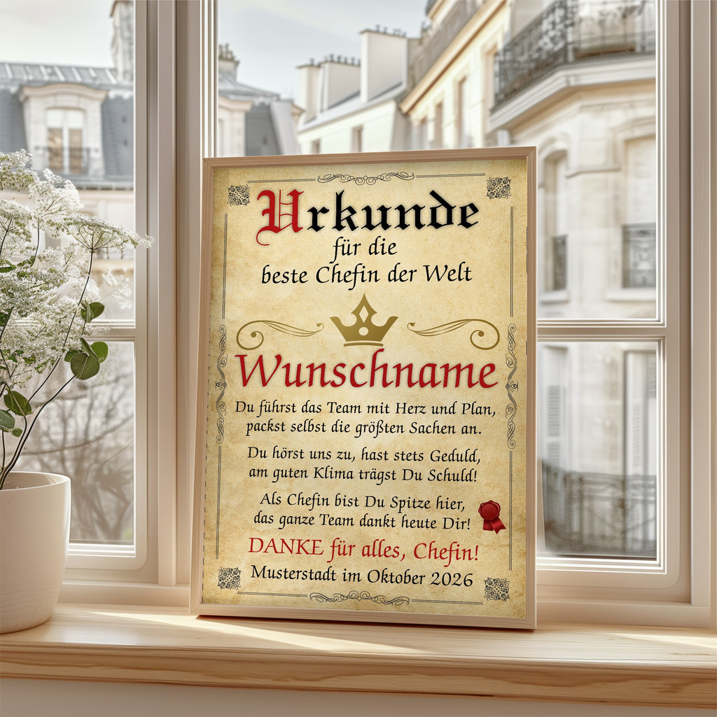 Urkunde beste Chefin im Holzrahmen auf der Fensterbank