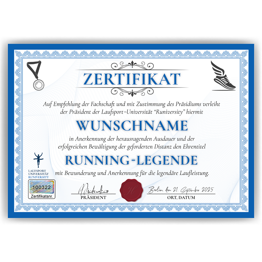 Personalisierte Läufer Urkunde Lustiges Geschenk für Marathonläufer, Jogger Sportler Marathon Zertifikat Witzig Joggen Running