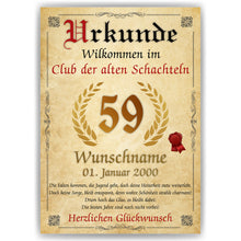 Laden Sie das Bild in den Galerie-Viewer, 59. Geburtstag Urkunde personalisiert ALTE SCHACHTEL Geschenk Frau Geburtstagskarte Deko Bild

