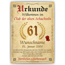 Laden Sie das Bild in den Galerie-Viewer, 61. Geburtstag Urkunde personalisiert ALTE SCHACHTEL Geschenk Frau Geburtstagskarte Deko Bild
