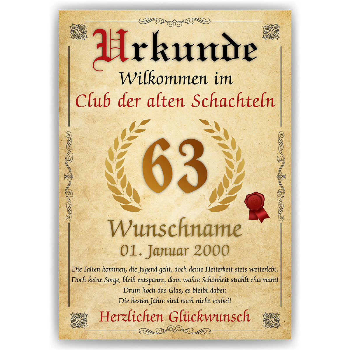 63. Geburtstag Urkunde personalisiert ALTE SCHACHTEL Geschenk Frau Geburtstagskarte Deko Bild