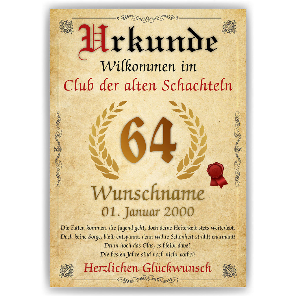 64. Geburtstag Urkunde personalisiert ALTE SCHACHTEL Geschenk Frau Geburtstagskarte Deko Bild